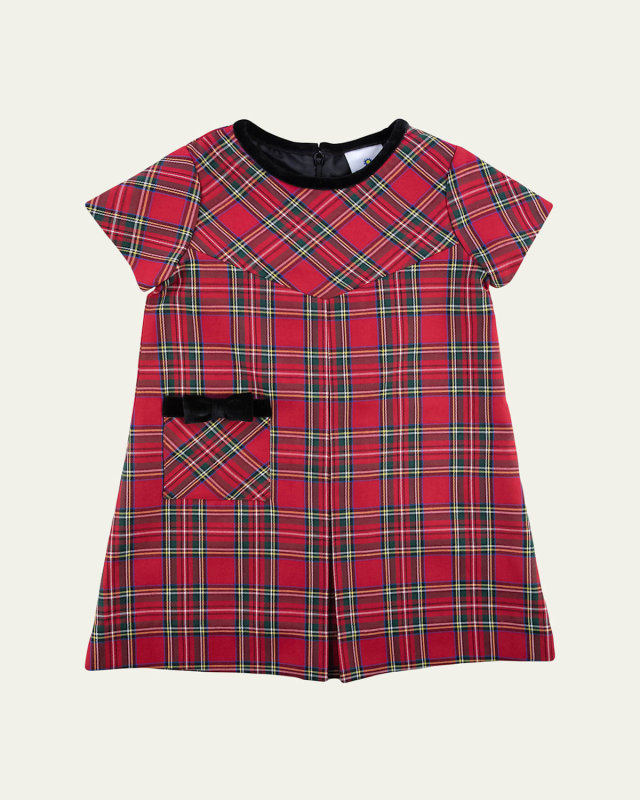 Girl's Tartan Plaid Dress W/ Velvet Button, Size 4-